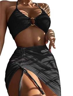 Joyhas Damen-Bikini-Sets mit Sarong-Rock, Neckholder, O-Ring, String, dreieckig, Bikini, Badeanzug, frecher Badeanzug, Schwarz, Medium von Joyhas