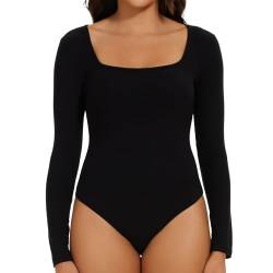 Joyshaper Body Damen Langarm Elegant Bodysuit Oberteil Damenbody Set Langarmshirt Sexy Stringbody Tops für Frauen Schwarz/Eckiger Ausschnitt,L von Joyshaper