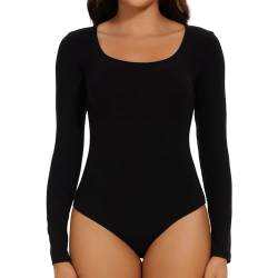 Joyshaper Body Damen Langarm Elegant Bodysuit Oberteil Damenbody Set Langarmshirt Sexy Stringbody Tops für Frauen Schwarz/U-Ausschnitt,L von Joyshaper