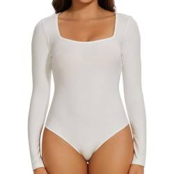 Joyshaper Body Damen Langarm Elegant Bodysuit Oberteil Damenbody Set Langarmshirt Sexy Stringbody Tops für Frauen Weiß/Eckiger Ausschnitt,S von Joyshaper