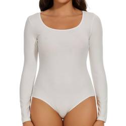 Joyshaper Body Damen Langarm Elegant Bodysuit Oberteil Damenbody Set Langarmshirt Sexy Stringbody Tops für Frauen Weiß/U-Ausschnitt,M von Joyshaper