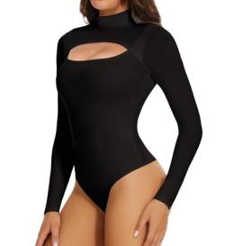 Joyshaper Body Damen Langarm Sexy Cut Out Bodysuit Top Stehkragen Elegant Damenbody Rollkragen Dessous Oberteil Thong Long Sleeve Tanga mit Druckknöpfe Winter Unterziehbody Schwarz L von Joyshaper