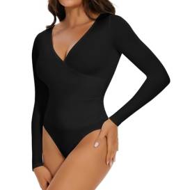 Joyshaper Body Damen Langarm Tiefer Ausschnitt Bodysuit Top Elegant Damenbody Rollkragen Sexy Dessous Stehkragen Oberteil Thong Tanga mit Druckknöpfe Casual Winter Unterwäsche Schwarz L von Joyshaper