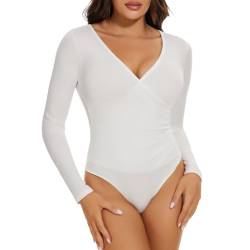 Joyshaper Damen Body Elegant Langarm Bodysuit Wickeln Oberteil Langarmshirt Blusenbody Hemd V-Ausschnitt Overalls Weiß/Wickeldesign,M von Joyshaper