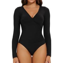 Joyshaper Damen Body Elegant Sexy V-Ausschnitt Bodysuit Langarm Bodies Long Sleeve Oberteil Tops Langarmshirt für Frauen Schwarz S von Joyshaper