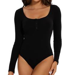 Joyshaper Damen Body Langarm Bodysuit U-Ausschnitt Knöpfe Lange Ärmel Damenbody Jumpsuit Overall Oberteil Schwarz/Knöpfe,L von Joyshaper