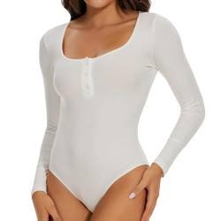 Joyshaper Damen Body Langarm Bodysuit U-Ausschnitt Knöpfe Lange Ärmel Damenbody Jumpsuit Overall Oberteil Weiß/Knöpfe,S von Joyshaper