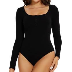 Joyshaper Damen Body Roundhals Bodysuit mit Schnalle Langarm Bodies Long Sleeve Oberteil Tops Langarmshirt für Frauen Schwarz M von Joyshaper