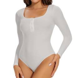 Joyshaper Damen Body Roundhals Bodysuit mit Schnalle Langarm Bodies Long Sleeve Oberteil Tops Langarmshirt für Frauen Weiß XL von Joyshaper