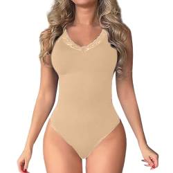 Joyshaper Damen Body Shaper Bauchweg Shapewear Bodysuit Spitze Figurformende Shaping Body V-Ausschnitt Taillenmieder Tanga Ärmellose Formende Bodys Beige/Spitze,M von Joyshaper