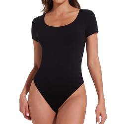 Joyshaper Damen Kurzarm Body Rundhals Damenbody U-Ausschnitt Bodysuit Top Nahtlose Stringbody Basic Round Neck Oberteil Shirt Unterziehbody für Frauen Schwarz 2XL von Joyshaper