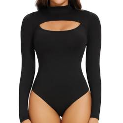 Joyshaper Damen Langarm Body Rollkragen Bodysuit Top Hemd Stringbody Longsleeve Oberteil Shirt für Frauen Schwarz L von Joyshaper