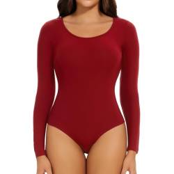 Joyshaper Damen Langarm Body U-Ausschnitt Bodysuit Top Stringbody Basic Unterziehbody Longsleeve Shirt für Frauen Rot XXL von Joyshaper