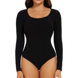 Joyshaper Damen Langarm Body U-Ausschnitt Bodysuit Top Stringbody Basic Unterziehbody Longsleeve Shirt für Frauen Schwarz L von Joyshaper