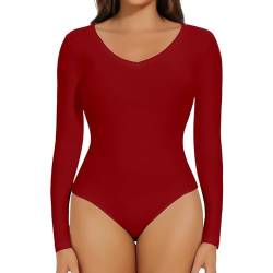 Joyshaper Damen Langarm Body V-Ausschnitt Bodysuit Top Stringbody Basic Unterziehbody Longsleeve Shirt für Frauen Rot XXL von Joyshaper