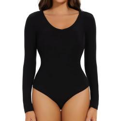 Joyshaper Damen Langarm Body V-Ausschnitt Bodysuit Top Stringbody Basic Unterziehbody Longsleeve Shirt für Frauen Schwarz S von Joyshaper