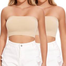 Joyshaper Damen Nahtlos Bandeau BH ohne Bügel Trägerloser Crop Top Push Up Bustier Bra Top Schulterfrei Tube Top Bauchfrei Kurz Oberteil Shirt Beige+Beige L von Joyshaper