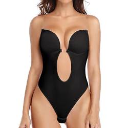 Joyshaper Damen Rückenfreier Body Shaper BH Push Up Tiefen RüCkenausschnitt Shapewear Formende Bodys Trägerlos Bodysuit Tiefer V-Ausschnitt Unterwäsche Party Hochzeit Schwarz-rückenfrei,L von Joyshaper