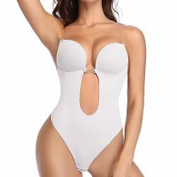 Joyshaper Damen Rückenfreier Body Shaper BH Push Up Tiefen RüCkenausschnitt Shapewear Formende Bodys Trägerlos Bodysuit Tiefer V-Ausschnitt Unterwäsche Party Hochzeit Weiß-rückenfrei,XL von Joyshaper