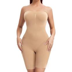 Joyshaper Damen Shapewear Bodysuit trägerloser Bauchweg Body Shaper Figurformender Formende Bodys Miederbody mit Bein Beige/Ohne Brustpolster,L von Joyshaper