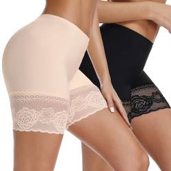 Joyshaper Damen Unterhose Unter Rock Kurz Hose Anti-Chafing Spitzen Shorts Atmungsaktiv Panty Schwarz+Beige 3XL von Joyshaper