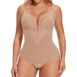 Joyshaper Shapewear Damen Body Bauchweg Tanga Spitze Formende Bodysuits Shaper Figurformender Miederbody Tiefer V-Ausschnitt Unterwäsche Beige,L von Joyshaper