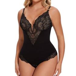 Joyshaper Shapewear Damen Body Bauchweg Tanga Spitze Formende Bodysuits Shaper Figurformender Miederbody Tiefer V-Ausschnitt Unterwäsche Black,XXL von Joyshaper