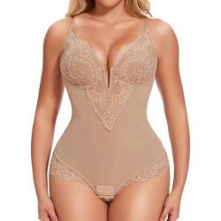 Joyshaper Shapewear Damen Body Tiefe V-Ausschnitt Spitzen Bodysuit Thong Miederbody Bauchweg Body Shaper Formende Tanga Unterwäsche Beige 2XL von Joyshaper