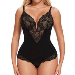 Joyshaper Shapewear Damen Body Tiefe V-Ausschnitt Spitzen Bodysuit Thong Miederbody Bauchweg Body Shaper Formende Tanga Unterwäsche Schwarz 2XL von Joyshaper