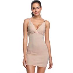 Joyshaper Unterkleid Damen Tiefer V Unterrock Miederkleid Verstellbare Träger Sexy Negligee Enger Unterrock Nahtlos Nachthemd Full Slip Shape Kleid Shaping Unterkleid Shapewear Unterwäsche Beige XXL von Joyshaper