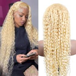 613 Blond Echthaar Perücke 13x4 HD Deep Wave Lace Front Wig 180% Density Blonde Transparent Deep Wave Lace Front Perücke Pre Plucked with Baby Hair Schwarz Frauen 26 Zoll von Jreitsere