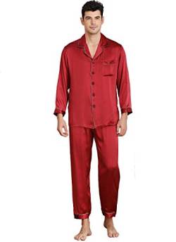 Jsix Herren Seide Pyjama Set 16.5 Momme Seide Lang Schlafanzug Hausanzug Nachtwäsche (Rot, L) von Jsix