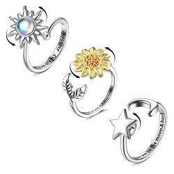 Jstyle Fidget-Angst-Ring für Frauen, Spinner, Fidget-Ring, Sonnenblumen-Zappelringe für Angstlinderung, Stressring, verstellbare Perlen, Mond, Stern, Blume, drehender Anti-Angst-Ring, Fidget-Schmuck, von Jstyle