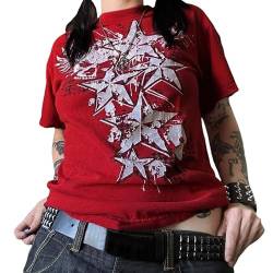 Y2K Fairy Grunge T-Shirt Rundhals Kurzarm Grafik Gothic Tops 2000er Punk Schädel Emo Star Tees Streetwear, Y2k Star Print Rot, Groß von Juakoso