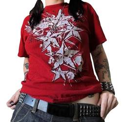 Y2K Fairy Grunge T-Shirt Rundhals Kurzarm Grafik Gothic Tops 2000er Punk Schädel Emo Star Tees Streetwear, Y2k Star Print Rot, Mittel von Juakoso
