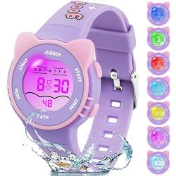 Juboos Armbanduhr Kinder,Kinderuhr mit Bedrucktem Armband und 7 Farbigen Lichtern,wasserdichte Digitale Kinderuhren mit Katzenohren für Jungen Mädchen 4-12 (Lila) von Juboos