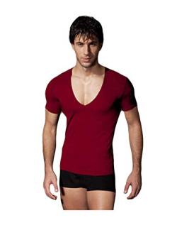 Jueshanzj Herren T-Shirt mit Tief V-Ausschnitt Slimfit Stretch Tee Rot L von Jueshanzj