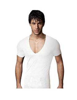 Jueshanzj Herren T-Shirt mit Tief V-Ausschnitt Slimfit Stretch Tee Weiß L von Jueshanzj