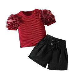 Juflam Baby Kleinkind Mädchen Sommer Outfits Puff Sleeve Blume Spitze gerippte T Shirt Tops oder Selbst-Gürtel Shorts Hosen Set von Juflam