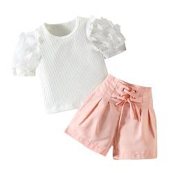 Juflam Baby Kleinkind Mädchen Sommer Outfits Puff Sleeve Blume Spitze gerippte T Shirt Tops oder Selbst-Gürtel Shorts Hosen Set von Juflam