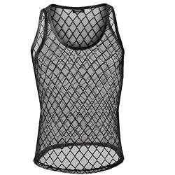 Juflam Herren Mode Fischnetz durchsichtig Tank Top Muscle Workout T Shirt Mesh Transparent T-Shirts Top (Large, WH52-BLACK) von Juflam