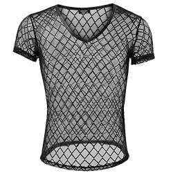 Juflam Herrenmode Fishnet Durchsichtig Tank Top Muskeltraining T-Shirt Mesh Transparente T-Shirts Top (Medium, WH51-schwarz) von Juflam