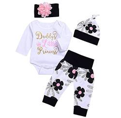 Juflam Nettes Neugeborenes Kinder Baby Mädchen Outfit Daddy Little Princess Strampler + Blumen Hose + Hut + Blumenstirnband 4er Set (12-18 Monate) von Juflam