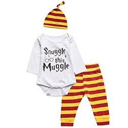 Juflam Neugeborene Baby Jungen Kleidung Snuggle This Muggle Body +Hosen Legging+ Hut 3Pcs Bekleidungssets (Weiß Langarm, 0–6 Monate) von Juflam