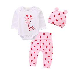 Juflam Neugeborene Baby Mädchen Kleidung Giraffe Strampler+Rosa Punkt Hose+ Hat 3Pcs Bekleidungssets (12–18 Monate) von Juflam