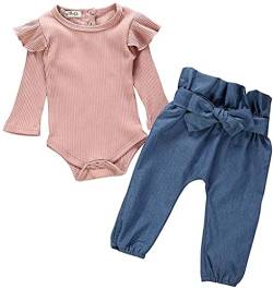 Juflam Neugeborenes Baby Mädchen Kleidung Rüschen Strampler + Schleife Denim Hosen Outfits Set (0-6 Monate) von Juflam