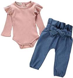 Juflam Neugeborenes Baby Mädchen Kleidung Rüschen Strampler + Schleife Denim Hosen Outfits Set (6-9 Monate) von Juflam