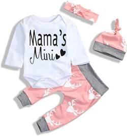 Juflam Neugeborenes Säugling Baby Mädchen Kleidung Mama Sprüche Mama's Mini Strampler Top Hose Outfit Set mit Stirnband Gr. 0-6 Monate, Weiß/Rosa von Juflam