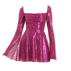 Jugaoge Damen Glänzend Pailletten Kleider Langarm Tunika Kleid A-Linie Tanzkleider Hippie Disco Minikleid Gogo Outfits Clubwear Hot Pink M von Jugaoge