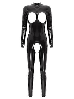 Jugaoge Damen Ouvert Body Wetlook Ganzkörper Bodysuit mit Aushöhlen Busenfrei Langarmshirt Stehkragen Top und Offener Schritt Lack Leder Hose Clubwear Schwarz XL von Jugaoge